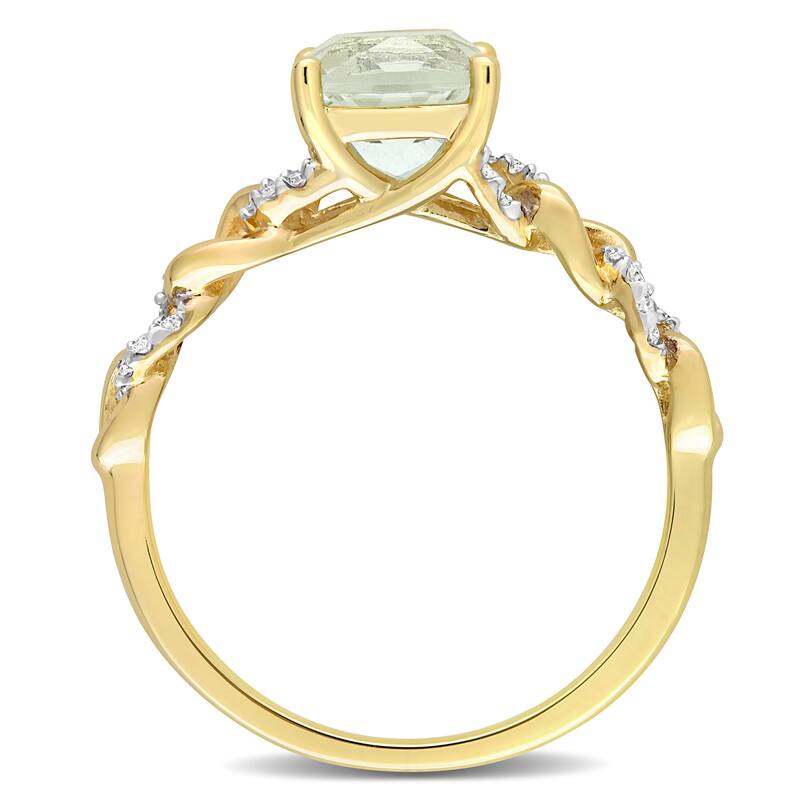 Miadora Cushion Green Quartz and 1/10ct TDW Diamond Link Engagement Ring in 10k Yellow Gold