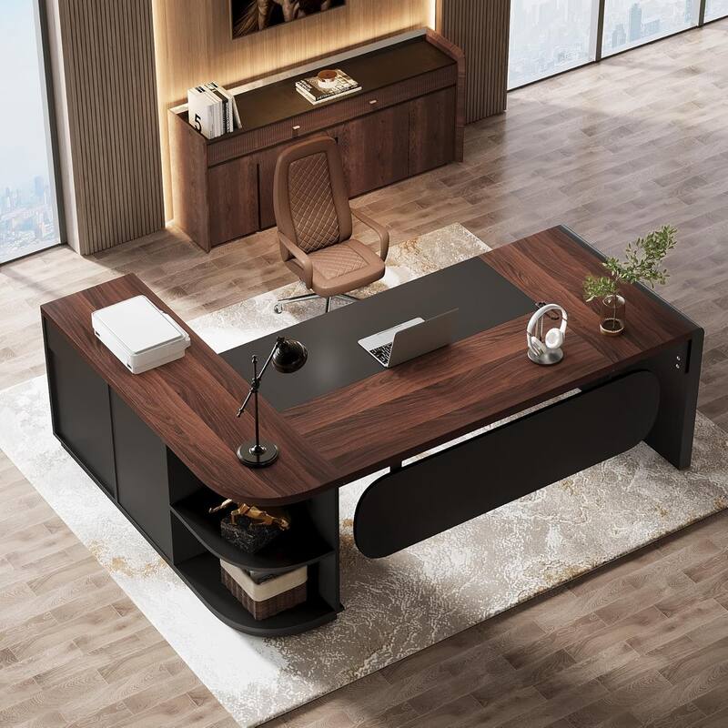 80'' L-Shaped Desk, Large Executive Office Desk with 55'' Drawers Cabinet