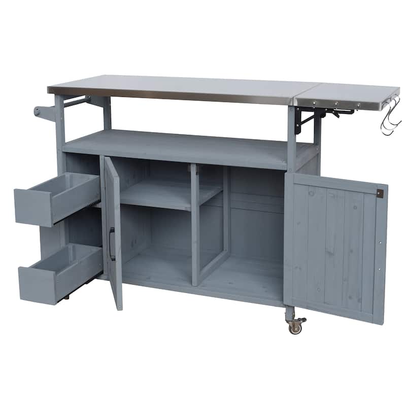 Christopher Knight Home - 54.33" Solid Wood Mobile Outdoor Kitchen Cart with Stainless Steel Top & Spice Rack & Lockable Wheels