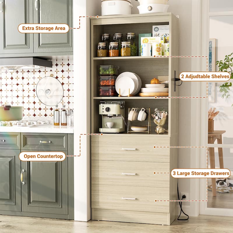6-Tier 23.6'' Display Cabinet with Charging Station and Drawers, Bookcase Storage Shelf Kitchen Pantry