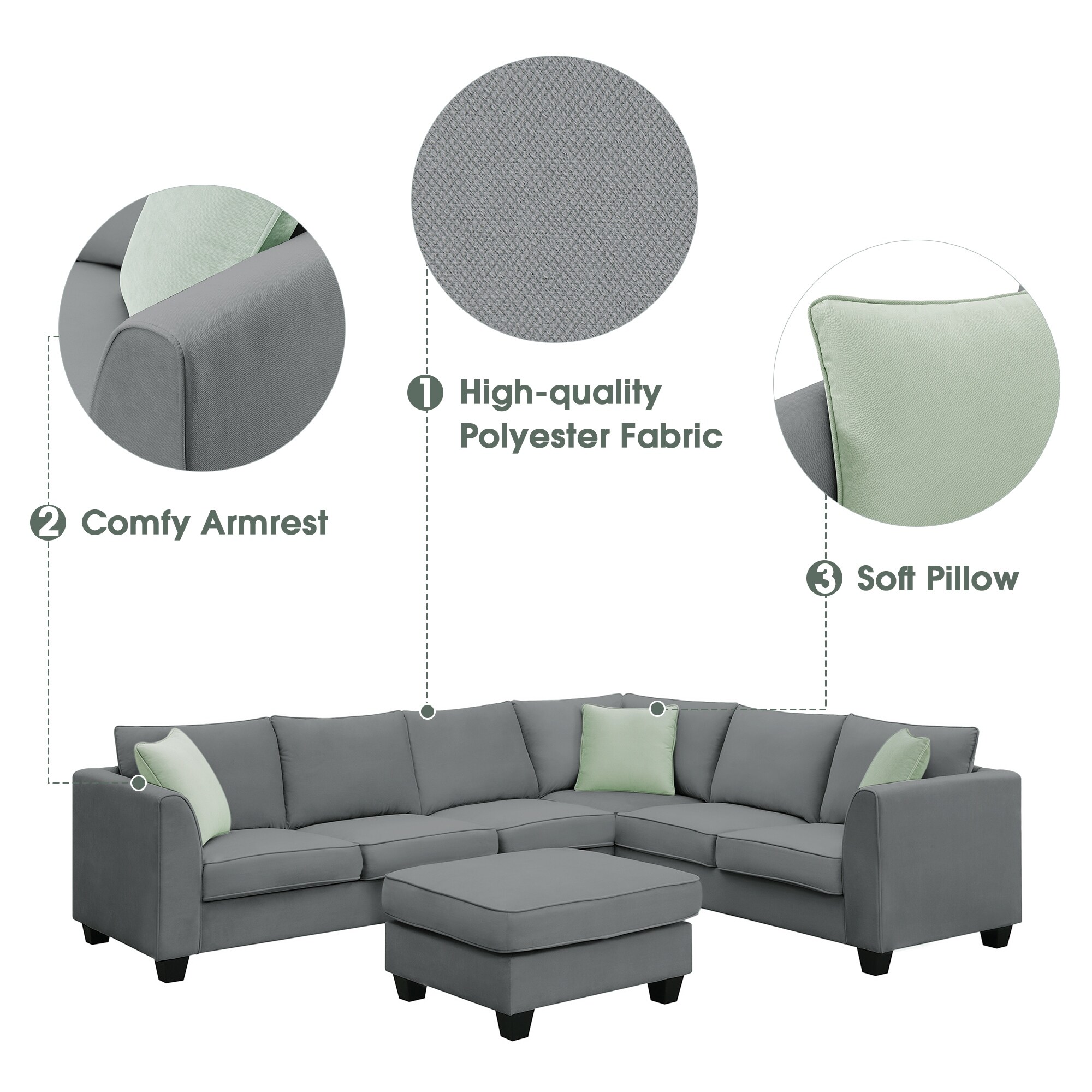 7 Seats Sectional Sofa Set L shape Fabric Corner Couch Set for