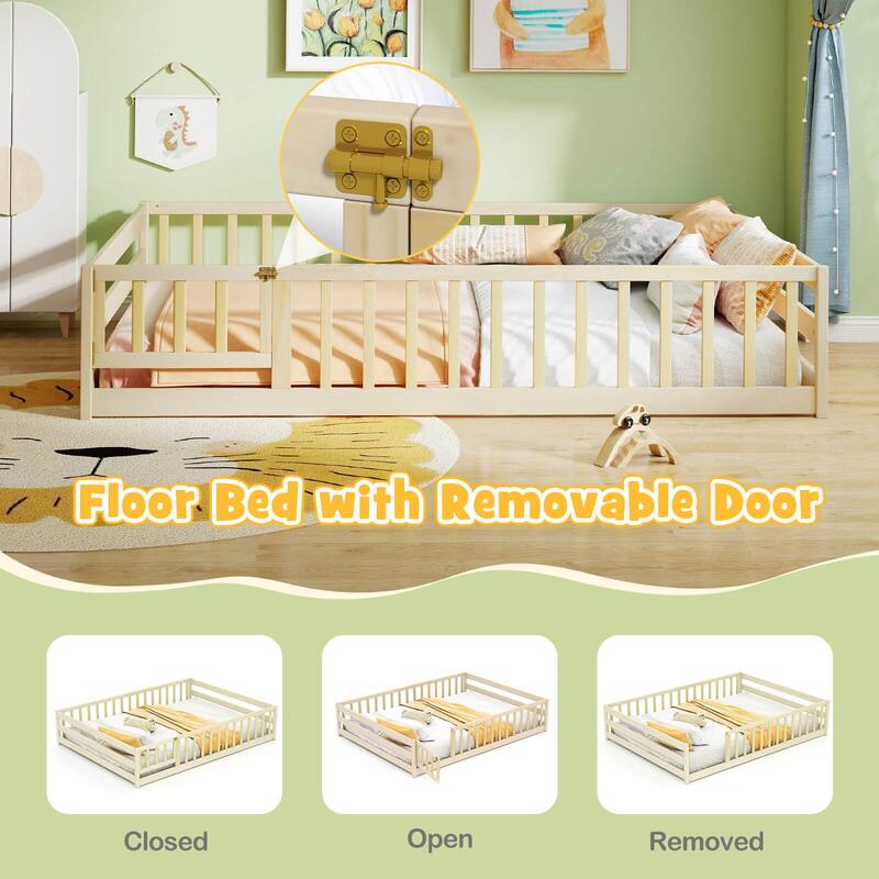 Costway Full Size Floor Bed with Full Length Safety Guardrails & Door