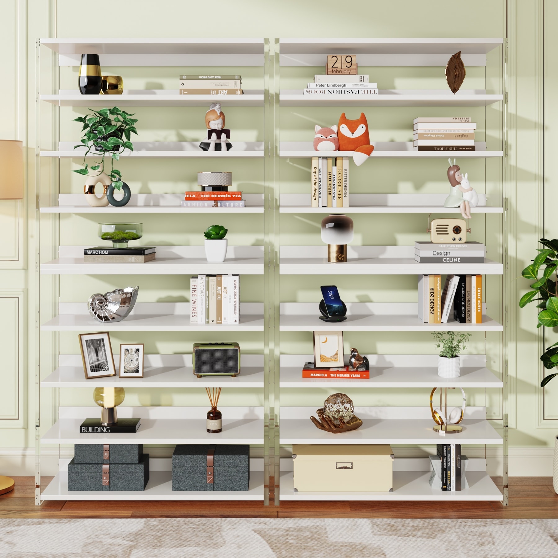8-Tier Acrylic Bookshelf, Modern Bookcase with Wood Shelves