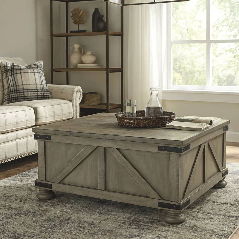 Farmhouse Cocktail Table with Lift Top Storage and Crossbuck details, Gray