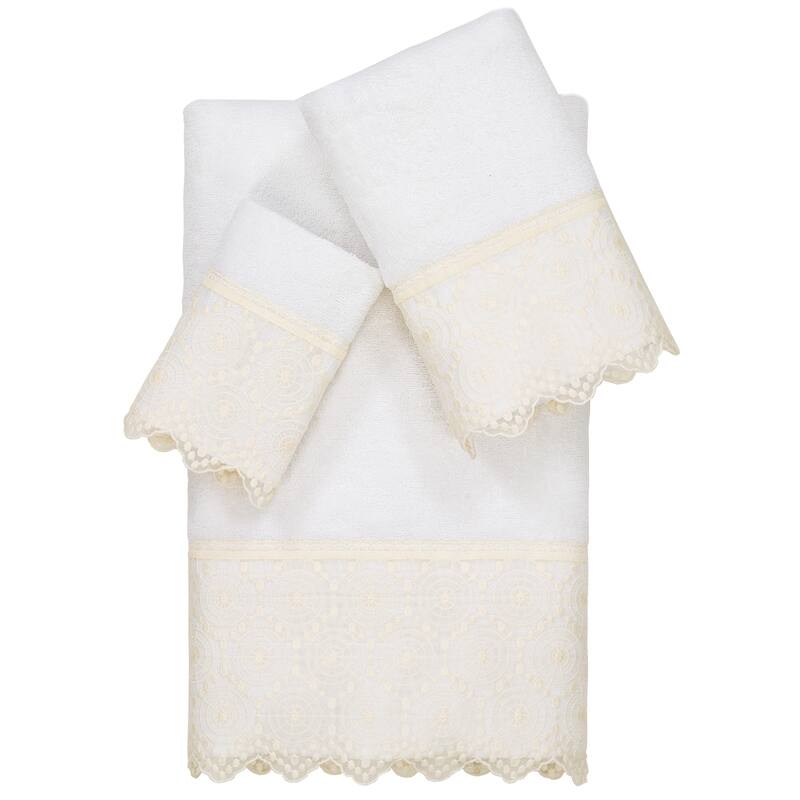 Authentic Hotel and Spa 100% Turkish Cotton Arian 3PC Cream Lace Embellished Towel Set - White