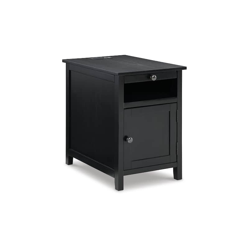 Gena Side End Table, Shelf and Pull Out Tray, Black Solid Wood 24 Inch