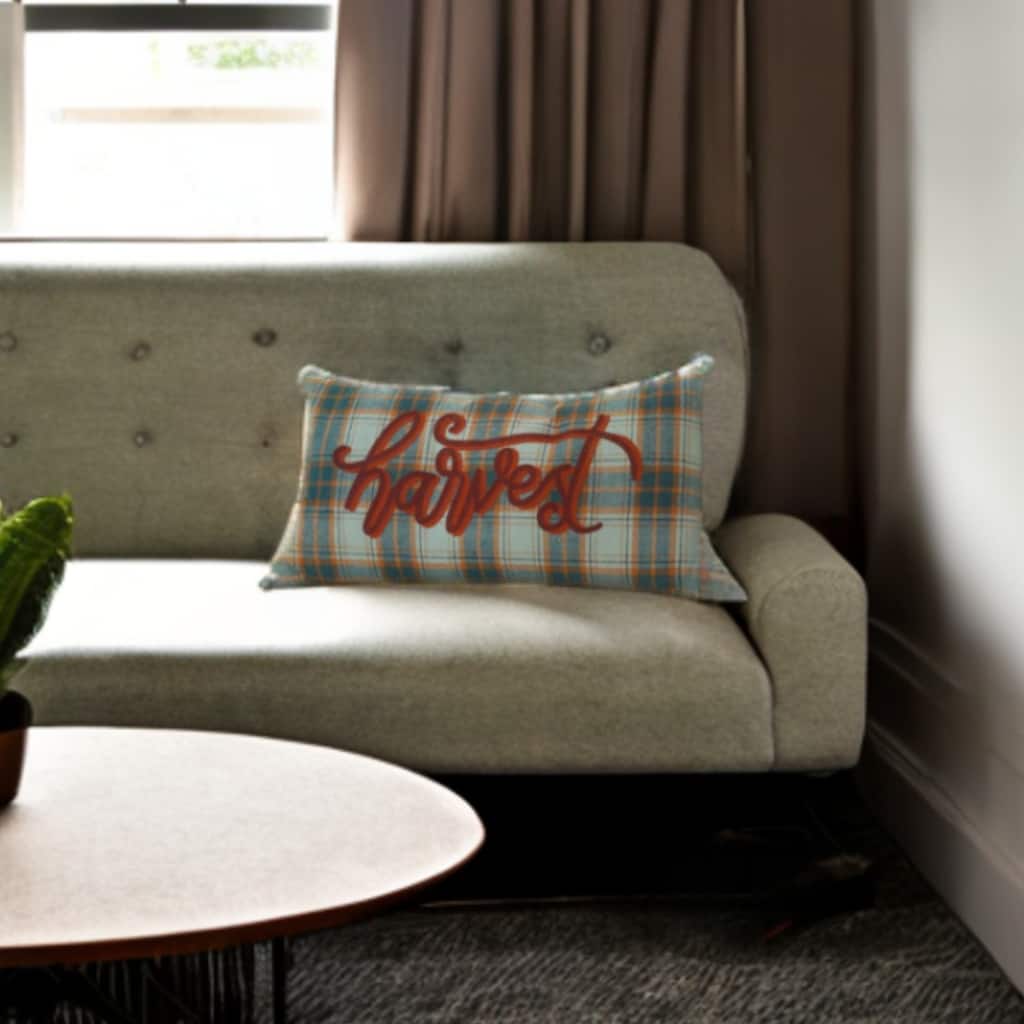 HomeRoots 14" X 14" Blue and Orange Thanksgiving Wool Blend Pillow With Embroidery Edges