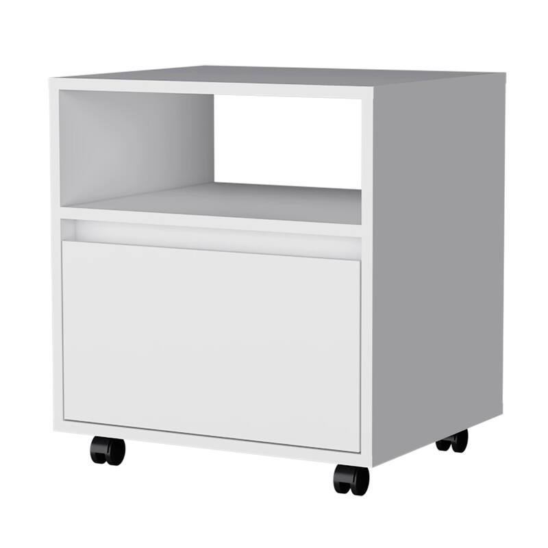 Compact and Stylish White Nightstand with Durable Construction and Four Caster Wheels