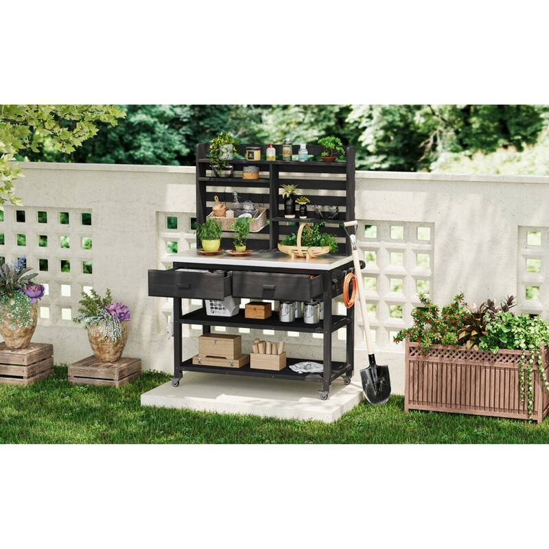 Roomfitters 64.9" Outdoor Potting Bench & Kitchen Island with Stainless Steel Top, Propane Rack & Lockable Wheels, Black