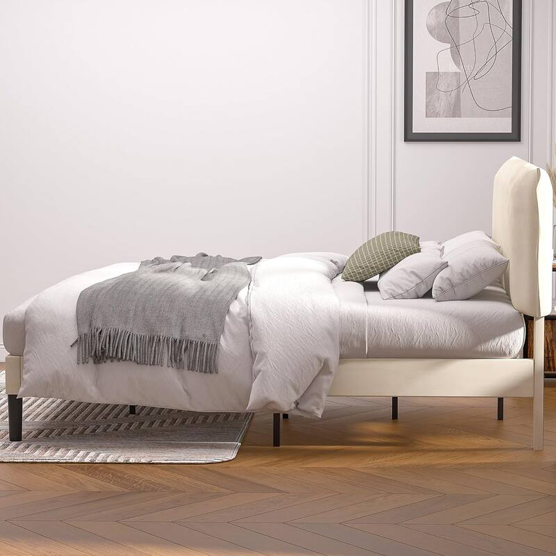 Upholstered Velvet Upholstered Bed Frame with Adjustable Height Headboard No Box Spring Needed Platform Bed Under Bed Storage