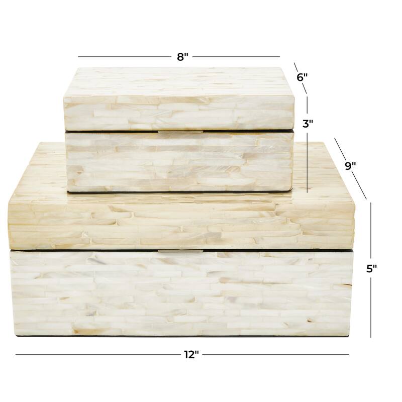 Mother of Pearl Shell Handmade Decorative Box - Set of 2 Beige, Black, Cream, White, Blue, Light Blue - Roche River Decor - 12", 8"W - White - Mosaic