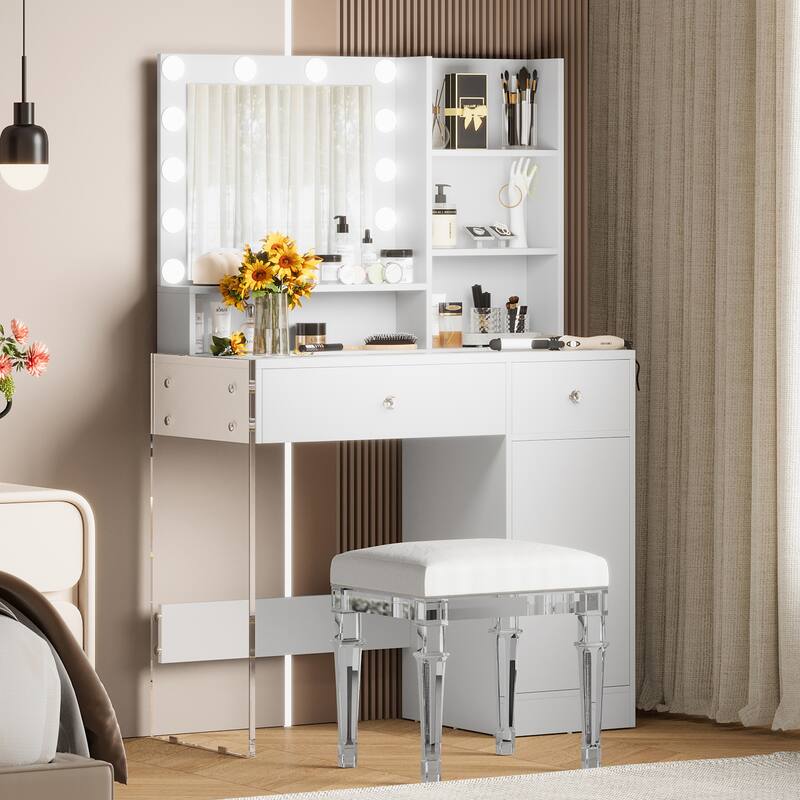 Vanity Desk with Mirror & Lights, Glass Top Dressing Table, Makeup Table with Charging Station, 2 Drawers & Cabinet - White