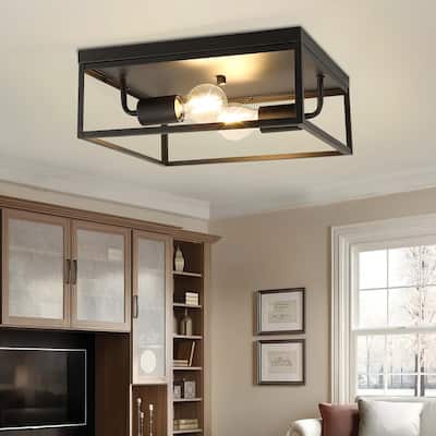 Depuley Industrial Metal Flush Mount Ceiling light Fixture,2 Light Heads 13-Inch Square Base&Frame
