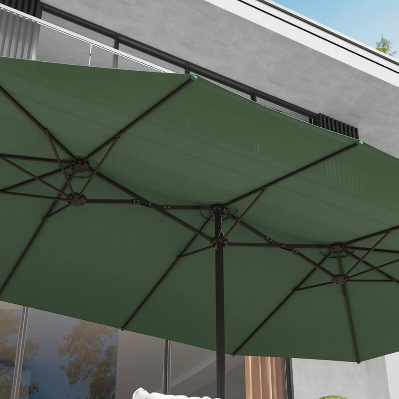 15ft x 9ft Double Patio Umbrella with Base and Sandbags, Extra Large Twin Outdoor Market Umbrella with Auto Tilt, 180g Polyester