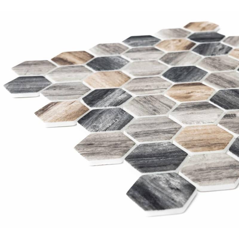 Recycled 1.88x1.88 Greige Wood Look Glass Hexagon Mosaic Tile - Wall & Backsplash