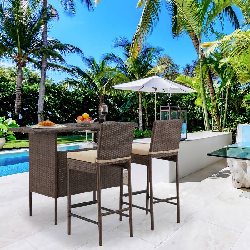AVAWING 3PCS Patio Bar Set Outdoor Rattan Bar Set with Removable Cushion