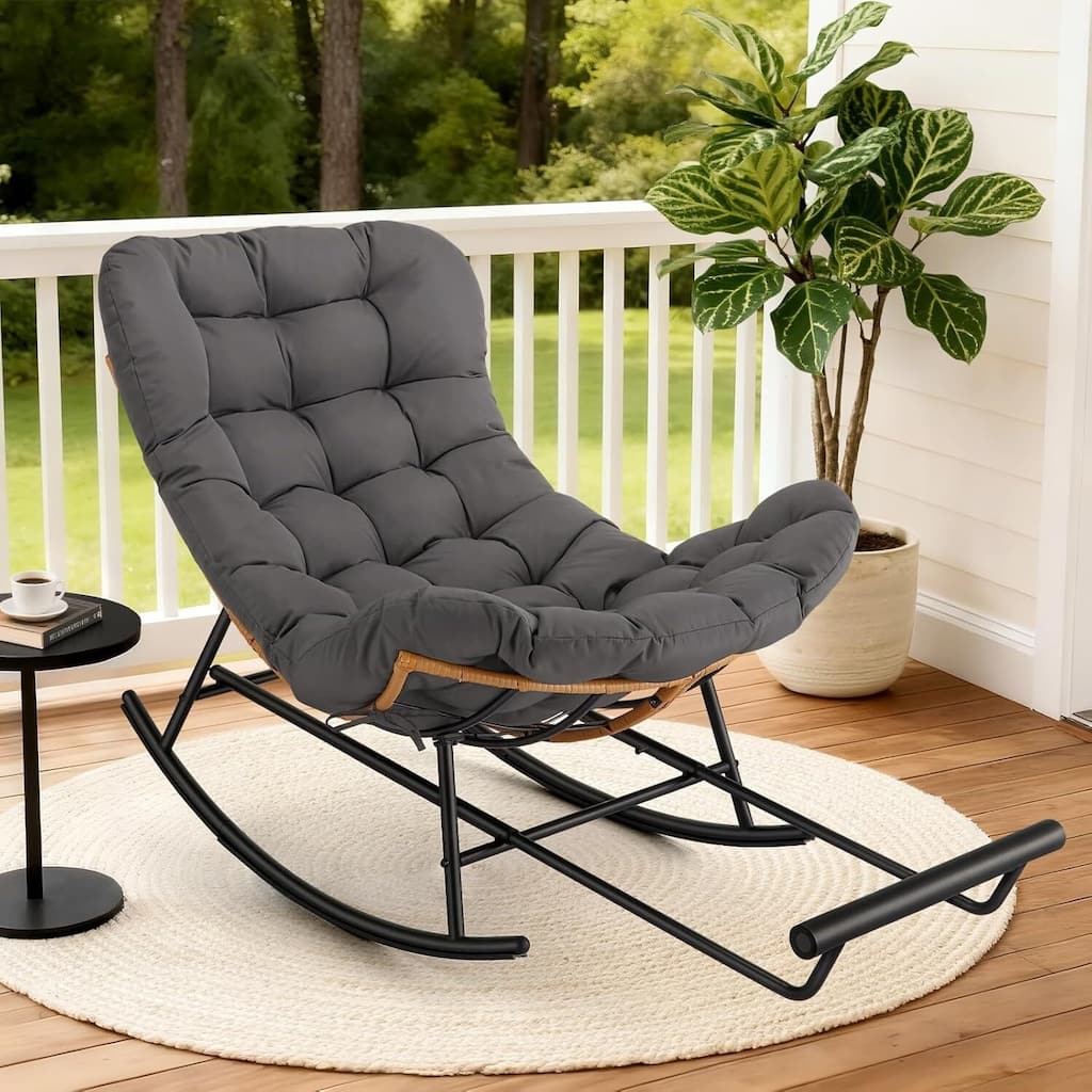 Papasan Rocking Sofa Chair with Extendable Footrest for Porch, Lawn, Bedroom and Living Room