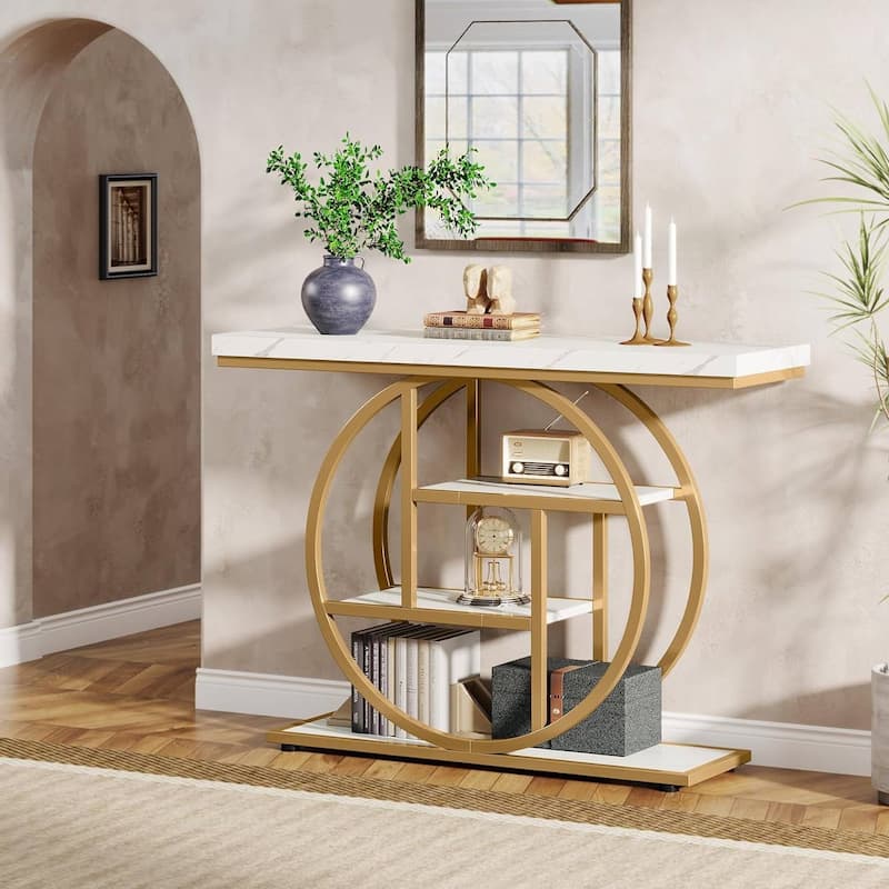 White Gold Engineered Wood Console Table with Metal Frame and Two-Tier Shelves - 11.81"W x 41.34"L x 31.5"H