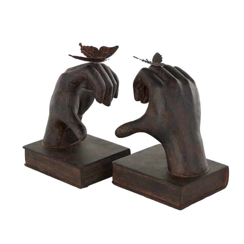 Resin Hands Heart Inspired Decorative Bookends with Butterfly and Copper Accents - Set of 2 Dark Brown - Roche River Decor