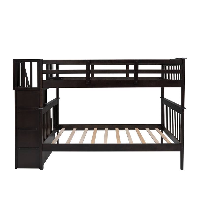 Stairway FullOverFull Pine Wood Bunk Bed with Storage and Guard Rail