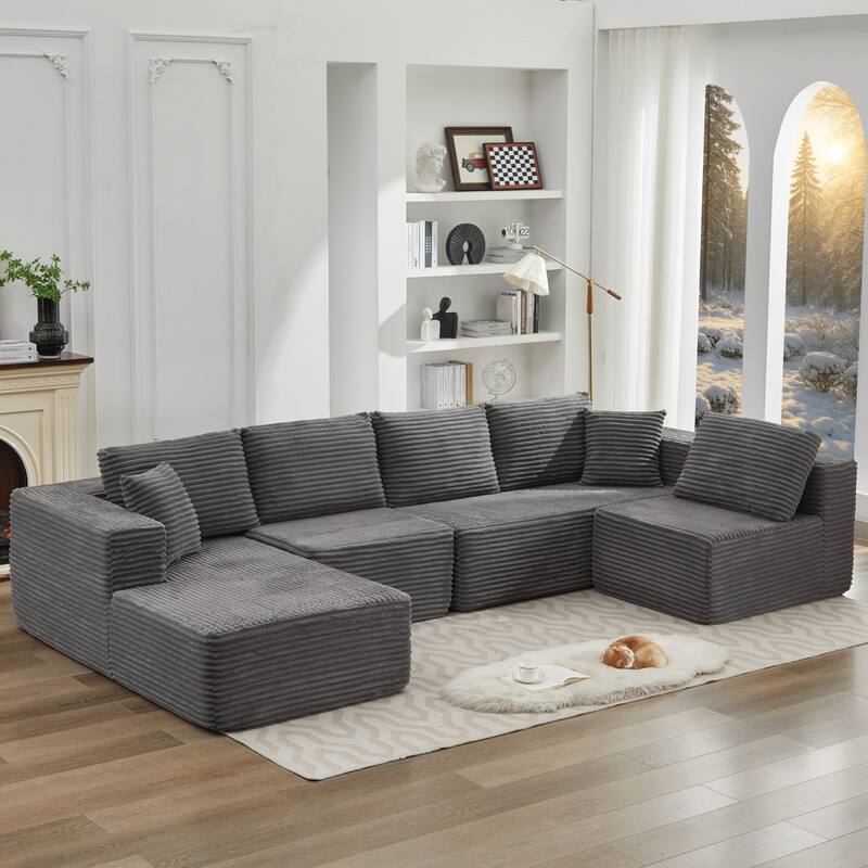 Modular Sectional Sofa with L-Shape Chaise, Oversized Corduroy Upholstered Cloud Sofa, Deep Seat Sofa with 2 Throw Pillows