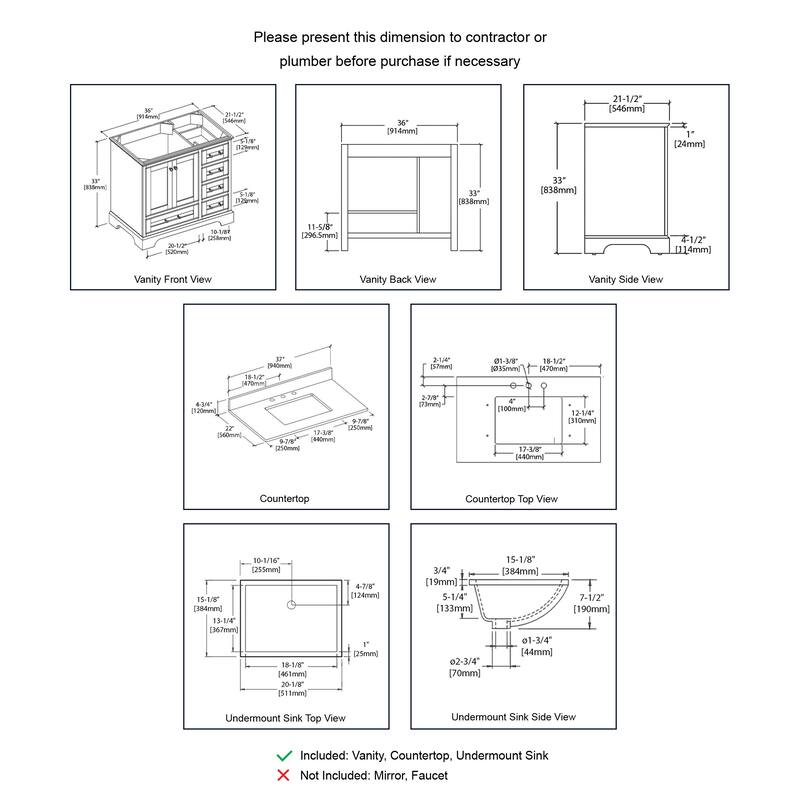 Blossom Copenhagen 36" Bathroom Vanity with Marble Top & Ceramic Sink