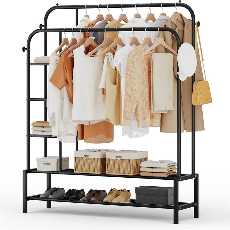 Double Rods Portable Garment Rack for Hanging clothes - 13"D x 49"W x 64.76"H - Black