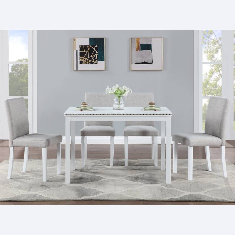5-Piece, Modern Dining Table Set with Crystal-Embellished Dining Table and 4 Upholstered Dining Chairs, for Dining Rooms, White