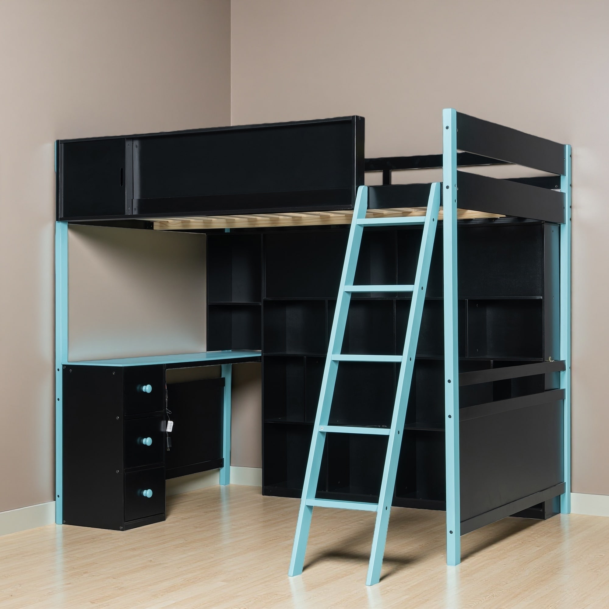 Full Size Wood Loft Bed with Desk, Ample Storage, LED Light Strip & Guardrail, Gaming Loft Bed with Shelves and Drawers