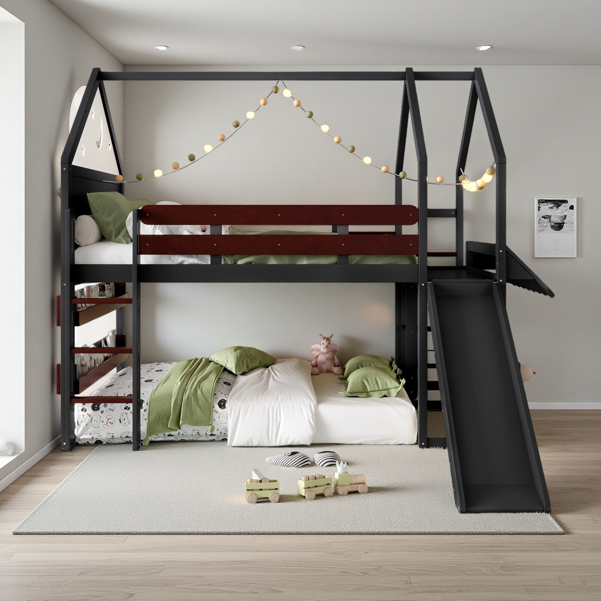Full Size Pine Wood Loft Bed with Slide & Built-in Bookshelf, Star & Moon House Design, Access Ladders, Safety Guardrails
