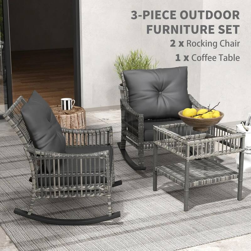 3 Piece Rattan Rocker Chair Set, Outdoor Rocking Chairs, Glass Table