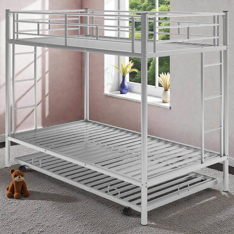 Twin over Twin Metal Bunk Bed with Trundle, Space Saving Bunk Bed with Ladder and Guardrails
