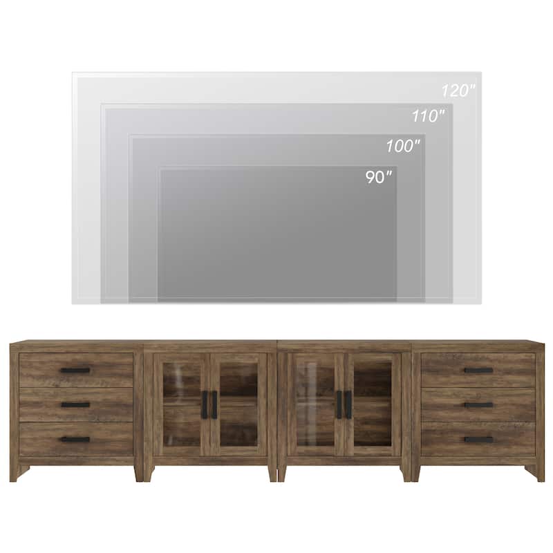 WAMPAT Extra Wide 126" Farmhouse TV Stand, Wood Media Console with 6 Drawers & 2 Glass Cabinets