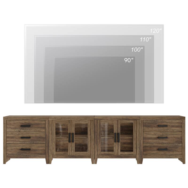 WAMPAT Farmhouse Buffet Cabinet with Glass Doors and Drawers, 4-Piece Modular Sideboard