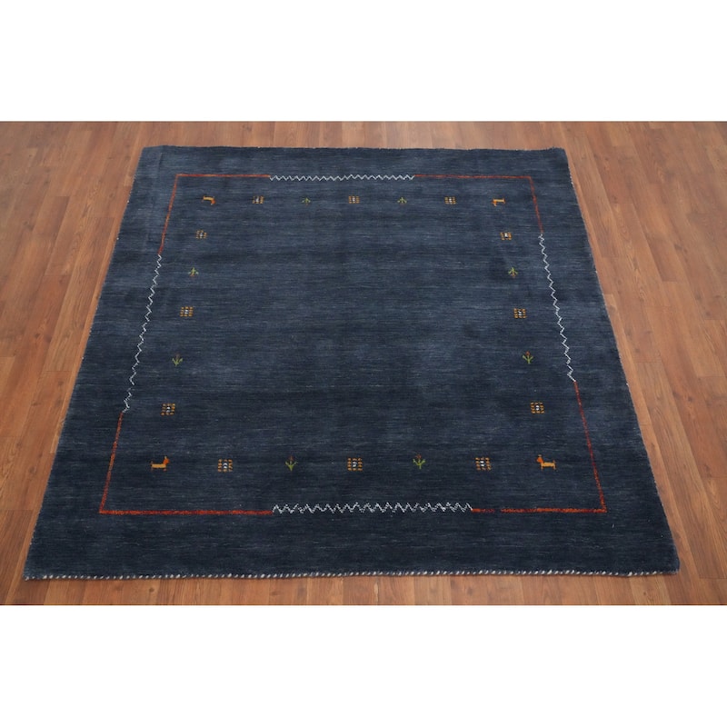 Hand Knotted Oriental 100% Wool Carpet Tribal Animal Pictorial Navy Blue & Blues Gabbeh Area Rug - 4' 11'' X 5' 0''