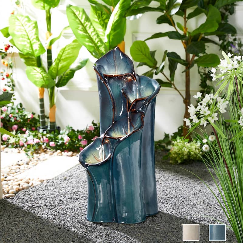 Glitzhome 31"H 4-Tiered Lotus Leaf Textured Ceramic Vase Outdoor Floor Fountain with LED