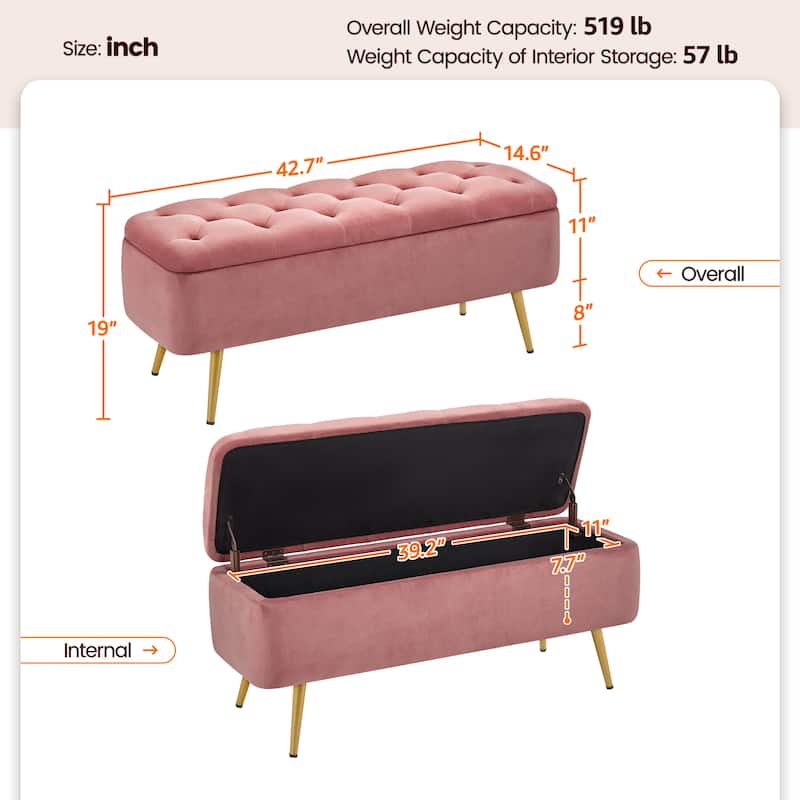 Yaheetech Modern Upholstered Ottoman Footstool Bench with Storage - 42.7"×14.6"×19"