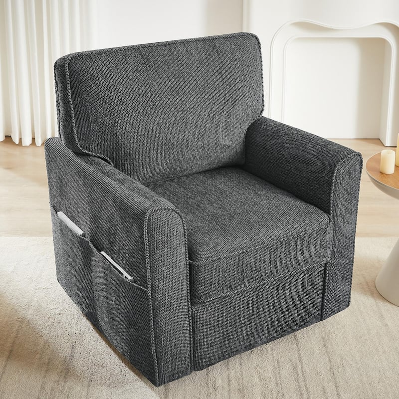 360 Degree Swivel Chair for Living Room, Swivel Accent Chair with Armrest, Chenille Sofa Chair with Side Pockets