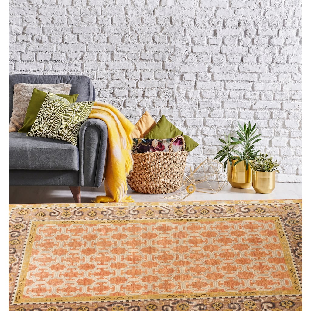 Hand-knotted Wool Orange Traditional Oriental Kotan Rug