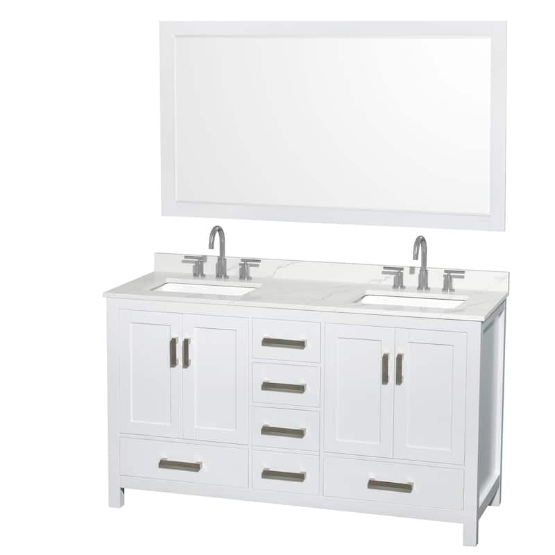 Sheffield 60-inch Double Vanity, 3 Hole Quartz Top, 58-inch Mirror - White, Chrome Trim, Giotto Quartz Top