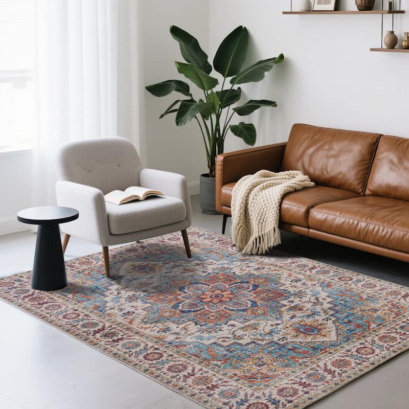 7FT x 5FT Vintage Bohemia Cotton Area Rug with Non-Slip TPR Backing for Indoor Living Room and Entryway - 6' x 7'