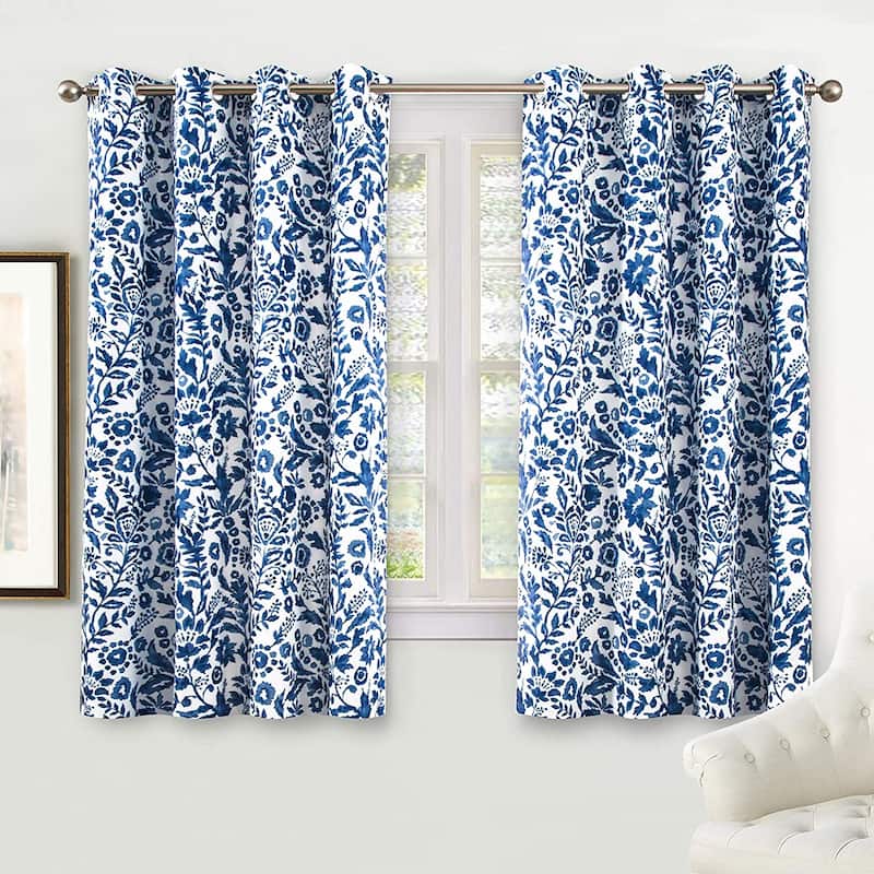 Porch & Den Ouzel Floral Watercolor Blackout Lined Window Curtain Panel Pair - 52" width X 54 " length - Navy