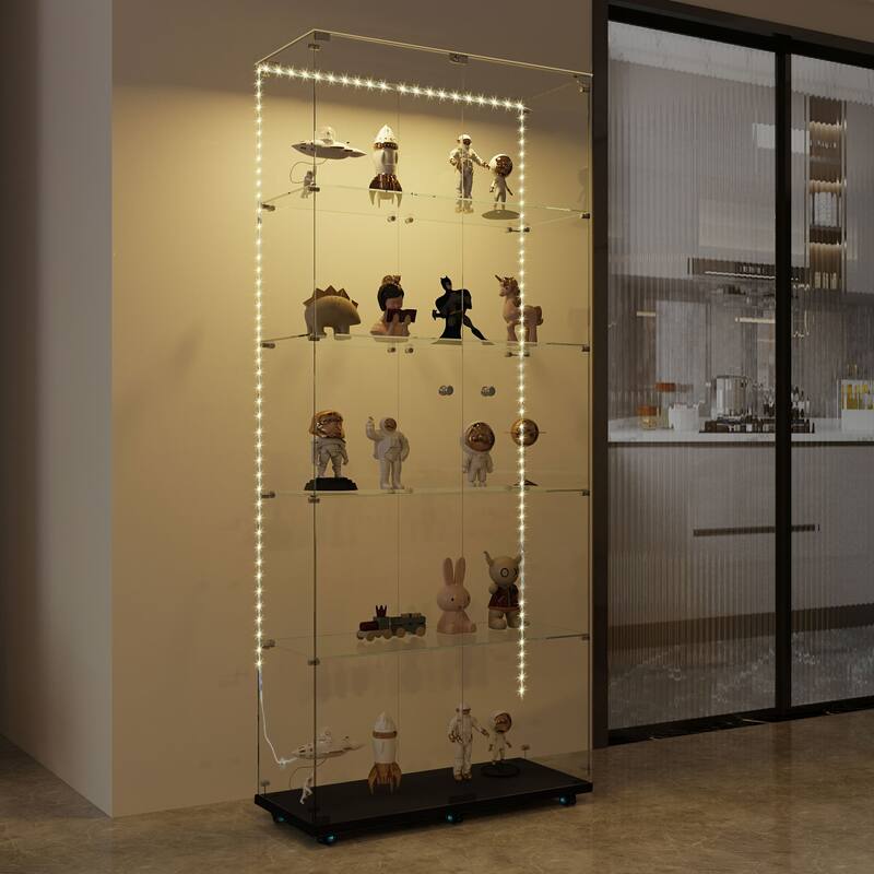 Tempered Glass Display Cabinet,Storage Cabinet,Bluetooth Led Light Strips, Lock On Door, Tempered Glass Top, Casters At Bottom