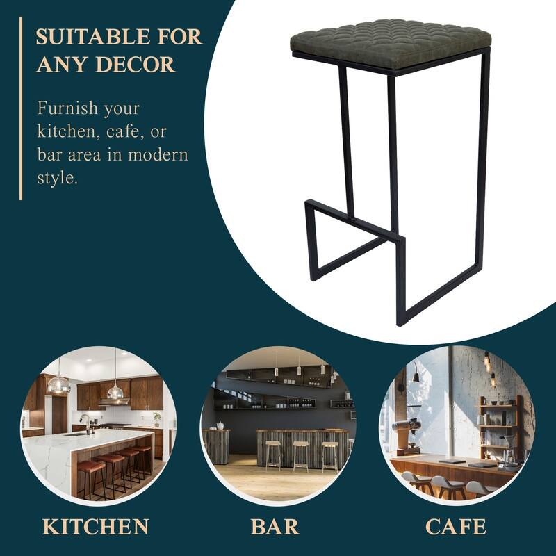 Quincy Leather Quilted Counter Height Barstool (Set of 2) with Upholstered Square Seats & Footrest for Home Bar & Kitchen