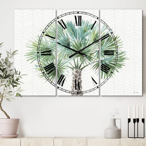 slide 2 of 6, Designart 'Mixed Botanical Greens palms III' Cottage 3 Panels Oversized Wall CLock - 36 in. wide x 28 in. high - 3 panels