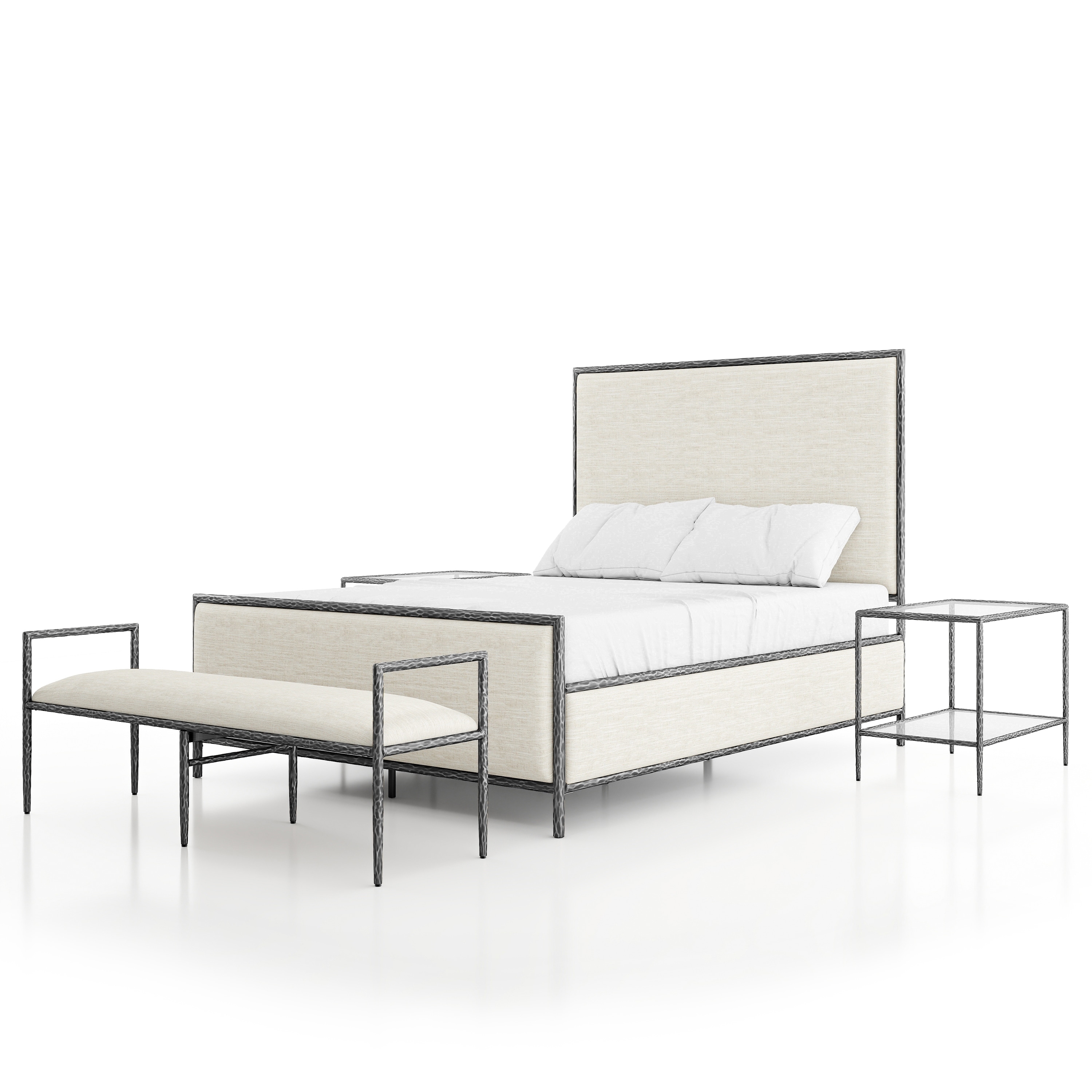 247 Shop At Home Lalia Modern 4-Piece Upholstered Hammered Metal Panel Bedroom Set with 2 Nightstands and Bench