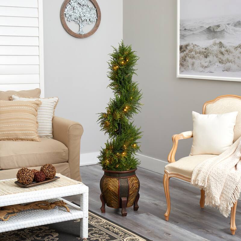 Artificial Spiral Tree with Lights - 4.5ft Indoor Outdoor Decorative Tree in Planter - Green - 51-60 Inches