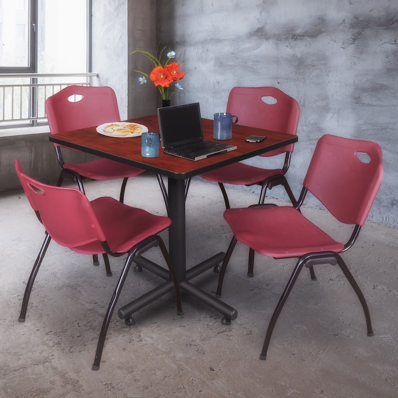 36" Square Breakroom Table- Cherry & 4 'M' Stack Chairs- Burgundy - 36
