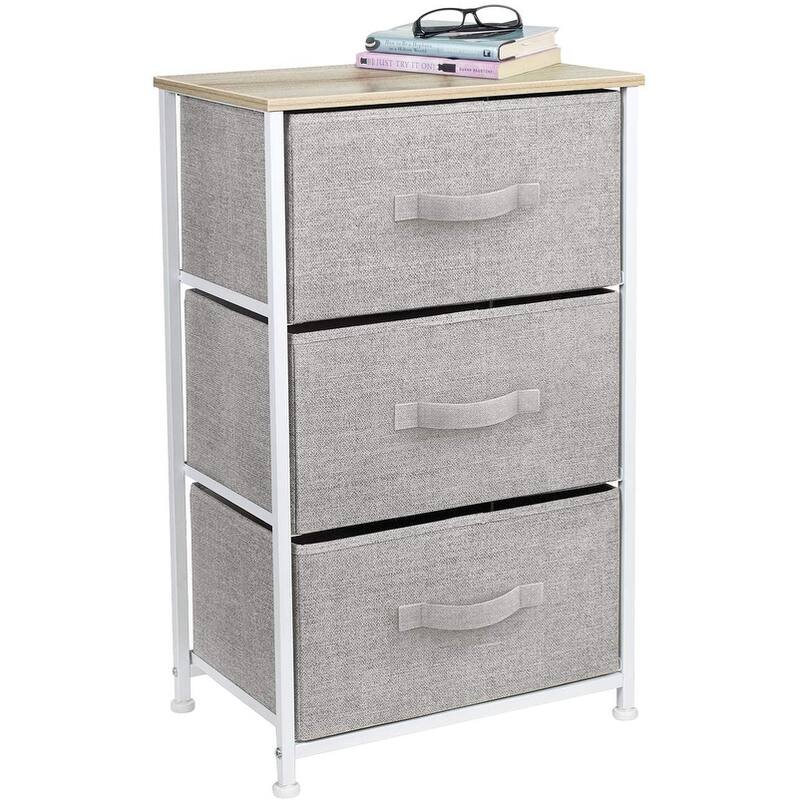 3 Drawer Nightstand Dresser Organizer Steel Frame Wood Top Fabric Bins