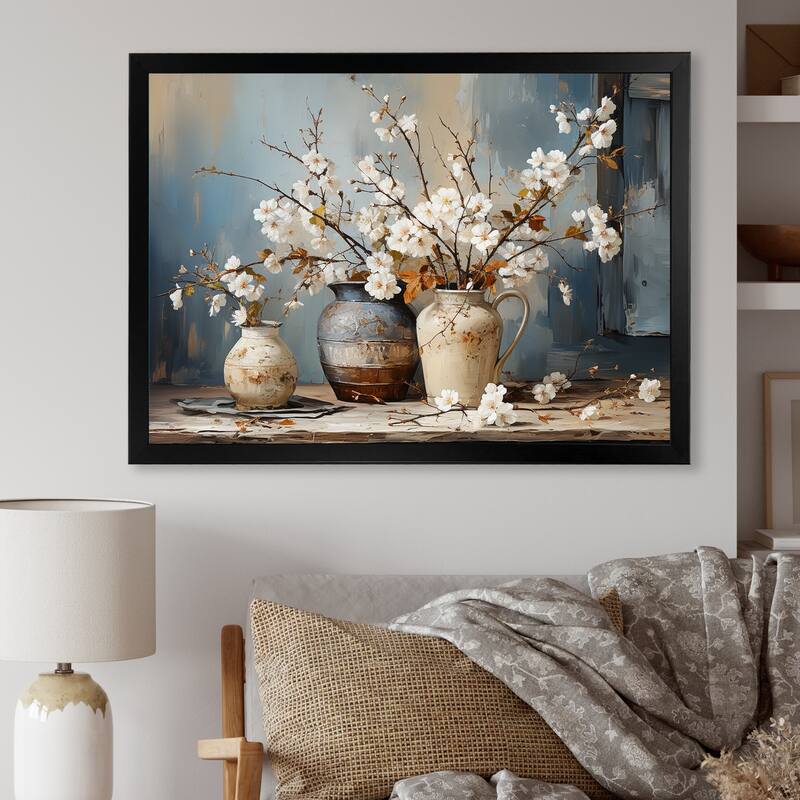 Designart "Pottery And Flowers Still Life I" Landscape Trees Framed Canvas Art Print - 44 in. wide x 34 in. high - Black